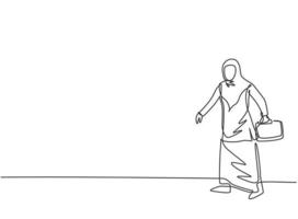 Continuous one line drawing young Arab female worker walking to the office. Success business manager. Minimalist metaphor concept. Single line draw design vector graphic illustration