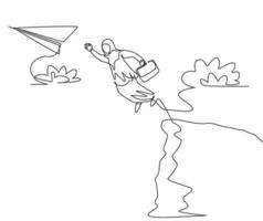 Dibujo de línea continua única joven mujer de negocios árabe saltando a volar un avión de papel desde la cima de la montaña del acantilado. concepto de metáfora del minimalismo. Ilustración de vector de diseño gráfico de dibujo de una línea dinámica
