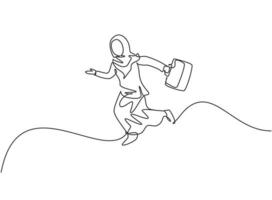 Single continuous line drawing young Arab business woman jumping high to the sky. Success business manager. Minimalism metaphor concept. Dynamic one line draw graphic design vector illustration