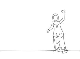 Continuous one line drawing young Arab female worker standing and pose ready to fight. Success business manager. Minimalist metaphor concept. Single line draw design vector graphic illustration