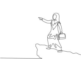 Continuous one line drawing young Arab female worker pointing finger from top of the cliff. Success business manager. Minimalist metaphor concept. Single line draw design vector graphic illustration