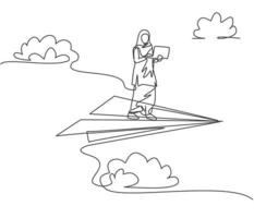 Single one line drawing of young Arab business woman holding laptop on flying paper plane. Business challenge. Minimal metaphor concept. Modern continuous line draw design graphic vector illustration