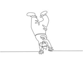 Continuous one line drawing male clowns perform handstand stunts which amaze all the audience. Really great show on the circus stage this time. Single line draw design vector graphic illustration.
