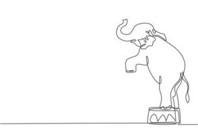 Single one line drawing of an elephant stands on a circus chair with its forelegs raised. Very good performance and successful circus show. Continuous line draw design graphic vector illustration.