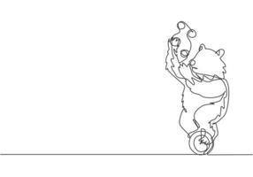 una línea continua dibujando un oso pardo entrenado haciendo malabares en una bicicleta de una rueda. la audiencia quedó asombrada por el concepto de actuación del oso. Ilustración gráfica de vector de diseño de dibujo de una sola línea.