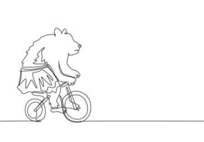 una línea continua dibujando un oso pardo entrenado que juega en bicicleta alrededor de la pista en la arena del circo. El público quedó asombrado por la actuación del oso. Ilustración gráfica de vector de diseño de dibujo de una línea