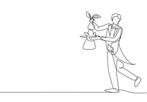 Single continuous line drawing the magician puts on a show by getting a rabbit out of his magic hat. Very impressive magic show that night. Dynamic one line draw graphic design vector illustration.