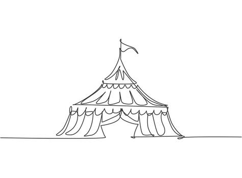 Single continuous line drawing circus tent in the shape of a triangle with stripes and a flag at the top. Show place for clowns, magicians, animals. One line draw graphic design vector illustration.