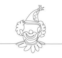 Single one line drawing of the face of a male clown wearing a circus hat with a cheerful smile that is very characteristic. Circus show. Modern continuous line draw design graphic vector illustration.