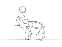 El dibujo de una sola línea de un elefante está de pie jugando una pelota al final de su trompa. el público del circo quedó asombrado con el espectáculo. Ilustración de vector gráfico de diseño de dibujo de línea continua moderna.