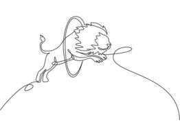 Single one line drawing of a lion jumping into the circle at a circus show. The trainer is watching carefully. Successful circus show concept. Continuous line draw design graphic vector illustration.