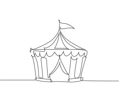 Single one line drawing of circus tent shaped like a pentagon with stripes and a flag at the top. Where clowns, magicians, animals perform. Continuous line draw design graphic vector illustration.