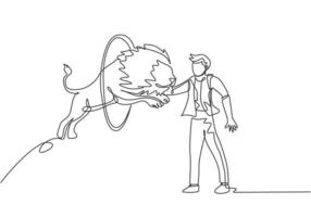 Continuous one line drawing a lion jumps into the circle held by the trainer. The trainer stands up carefully. A very challenging circus show. Single line draw design vector graphic illustration.