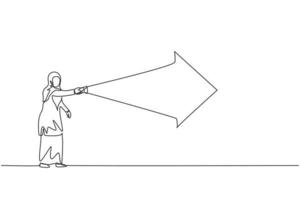 dibujo de una sola línea joven empresaria árabe ilumina el camino con una flecha hacia adelante usando una linterna. concepto mínimo de ruta empresarial. Ilustración de vector gráfico de diseño de dibujo de línea continua moderna