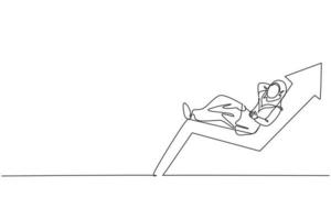 Continuous one line drawing of young Arabic female investor sleep relax on increase graph. Success business investment minimalist concept. Trendy single line draw design vector graphic illustration