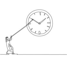 Continuous one line drawing young Arab male worker pulling clockwise big analog wall clock with rope. Time management business minimalist concept. Single line draw design vector graphic illustration.