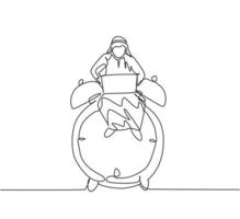 Single continuous line drawing young Arab business man sitting on big analog alarm clock and typing on laptop. Business discipline metaphor concept. One line draw graphic design vector illustration.