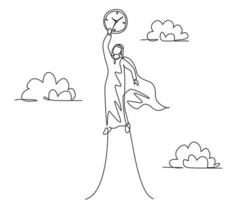 Single one line drawing of young Arabian business man flying to the sky to reach analog clock. Business challenge minimal metaphor concept. Continuous line draw design graphic vector illustration.