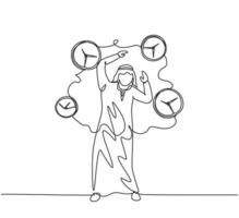 Single one line drawing of young stressful Arabian business man surrounded by flying clocks. Minimalism metaphor business deadline concept. Continuous line draw design graphic vector illustration.