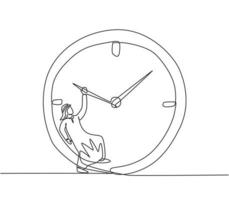 Continuous one line drawing young Arab male worker hanging on clockwise of giant analog clock. Business time discipline metaphor concept. Single line draw design vector graphic illustration.