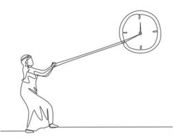 Single continuous line drawing young Arab business man pulling clockwise of big analog wall clock with rope. Time management metaphor concept. One line draw graphic design vector graphic illustration.