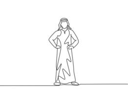 Single one line drawing of young Arabian business man standing on the street thinking of business. Minimalism metaphor business vision concept. Continuous line draw design graphic vector illustration.