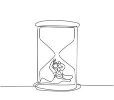 Single one line drawing of young Arabian business man buried inside sandglass asking for help. Minimalism metaphor business deadline concept. Continuous line draw design graphic vector illustration.