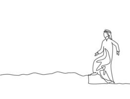 Single continuous line drawing young Arab business man walking on the uphill street to go to his office. Business time discipline metaphor concept. One line draw graphic design vector illustration