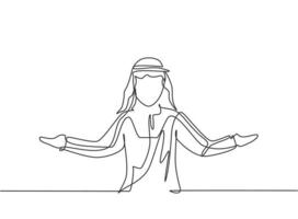 Continuous one line drawing young Arab male worker stretched out his arms. Business presentation to find out solution minimalist concept. Single line draw design vector graphic illustration.