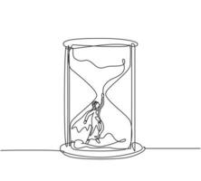 dibujo continuo de una línea joven trabajador árabe con alas volando para salir del reloj de arena. concepto de plazo de negocio de metáfora de minimalismo. Ilustración gráfica de vector de diseño de dibujo de una sola línea.