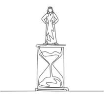 dibujo de línea continua única joven hombre de negocios árabe de pie sobre el reloj de arena. reloj de arena para mostrar el concepto minimalista del negocio de gestión del tiempo. Ilustración de vector de diseño gráfico de dibujo de una línea dinámica