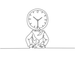 Single continuous line drawing young Arab business woman with analog clock head at the office. Business time discipline metaphor concept. Dynamic one line draw graphic design vector illustration.