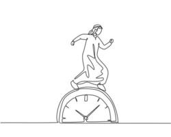 dibujo continuo de una línea joven trabajador árabe caminando sobre el gran reloj analógico. concepto de plazo de negocio de metáfora de minimalismo. Ilustración gráfica de vector de diseño de dibujo de una sola línea.