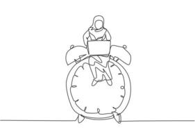 Single continuous line drawing young Arab business woman sitting on big analog alarm clock and typing on laptop. Business discipline metaphor concept. One line draw graphic design vector illustration.