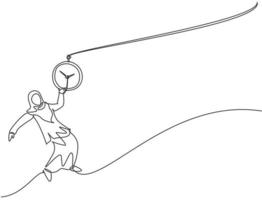 Continuous one line drawing young Arab female worker swinging on pocket watch chain to reach goals target. Time management minimalist concept. Single line draw design vector graphic illustration.