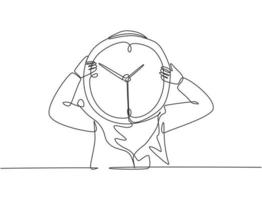 dibujo de una sola línea de una joven mujer de negocios árabe sosteniendo un reloj analógico gigante frente a su cabeza. concepto de metáfora de disciplina de tiempo de negocios. Ilustración de vector gráfico de diseño de dibujo de línea continua