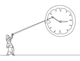 Single continuous line drawing young Arab business woman pulling clockwise of big analog wall clock with rope. Time management minimalist concept. One line draw graphic design vector illustration.