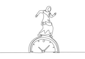 Single one line drawing of young Arabian business woman walking on the big analog clock. Minimalism metaphor business deadline concept. Modern continuous line draw design graphic vector illustration.