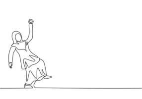 Single continuous line drawing young Arab business woman dancing on the street. Happy worker celebrate her achievement. Minimalism metaphor concept. One line draw graphic design vector illustration.