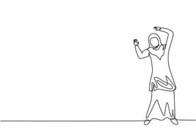 Continuous one line drawing young Arab female worker standing on the street and raise her hands. Success business manager minimalist concept. Single line draw design vector graphic illustration.