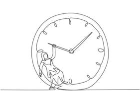 Single continuous line drawing young Arab business woman Hanging on clockwise of giant analog clock. Business time discipline metaphor concept. Dynamic one line draw graphic design vector illustration
