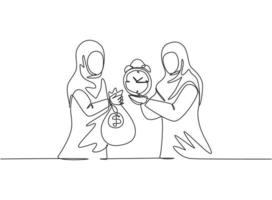 Single continuous line drawing two young Arab business woman exchange money bag and analog alarm clock. Minimalism metaphor business concept. Dynamic one line draw graphic design vector illustration.