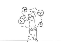 Single one line drawing of stressful young Arabian business woman surrounded by flying analog clocks. Minimalism metaphor business concept. Continuous line draw design graphic vector illustration.