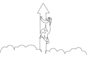 Single one line drawing young Arabic businessman holding up arrow sign while flying on sky. Success business growth strategy minimal concept. Continuous line draw design graphic vector illustration