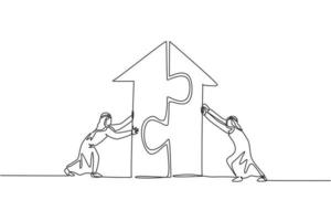 Continuous one line drawing two young handsome Arabian male workers pushing puzzle pieces to build a building. Business teamwork minimalist concept. Single line draw design vector graphic illustration