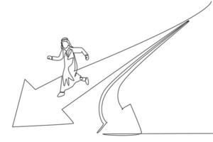 Single one line drawing young Arabic male entrepreneur running fast to straight direction pathway. Business choice minimal concept. Modern continuous line draw design graphic vector illustration