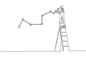 Single continuous line drawing young Arab businessman draw increasing sales growth graph. Smart success marketing manager. Minimalism concept dynamic one line draw graphic design vector illustration