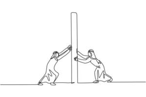 Single one line drawing of two young Arabian male entrepreneurs pushing the wall to win the fight. Business competition minimal concept. Modern continuous line draw design graphic vector illustration