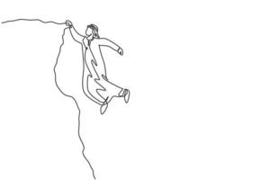 Continuous one line drawing of young handsome Arab male worker hanging tight on cliff edge. Success business struggle, metaphor minimalist concept. Single line draw design vector graphic illustration