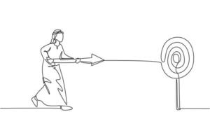 Single one line drawing young attractive Arab male entrepreneur holding arrow spear to hit target. Business focus goal minimal concept. Modern continuous line draw design graphic vector illustration